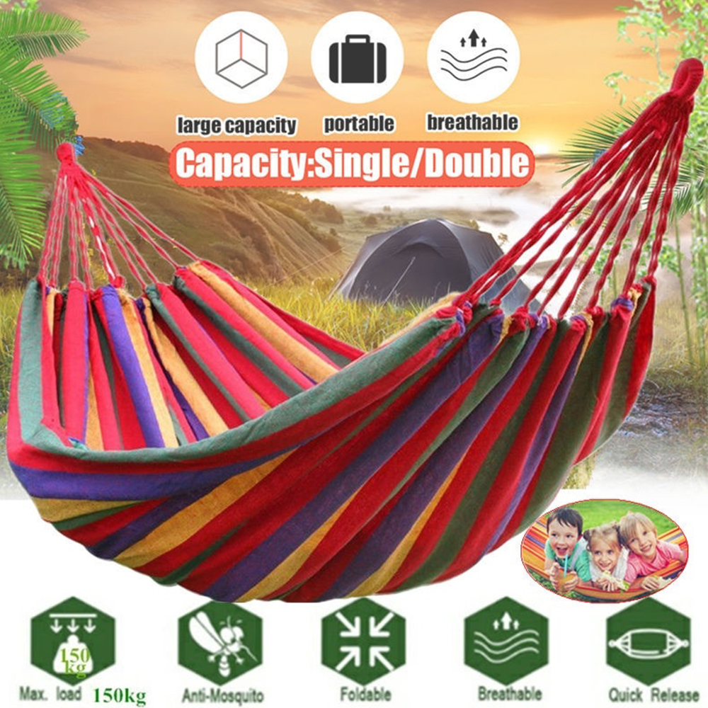 Portable Hammock Outdoor Hammock Garden Sports Home Travel Camping Swing Canvas Stripe Hang Bed Hammock Double Single People