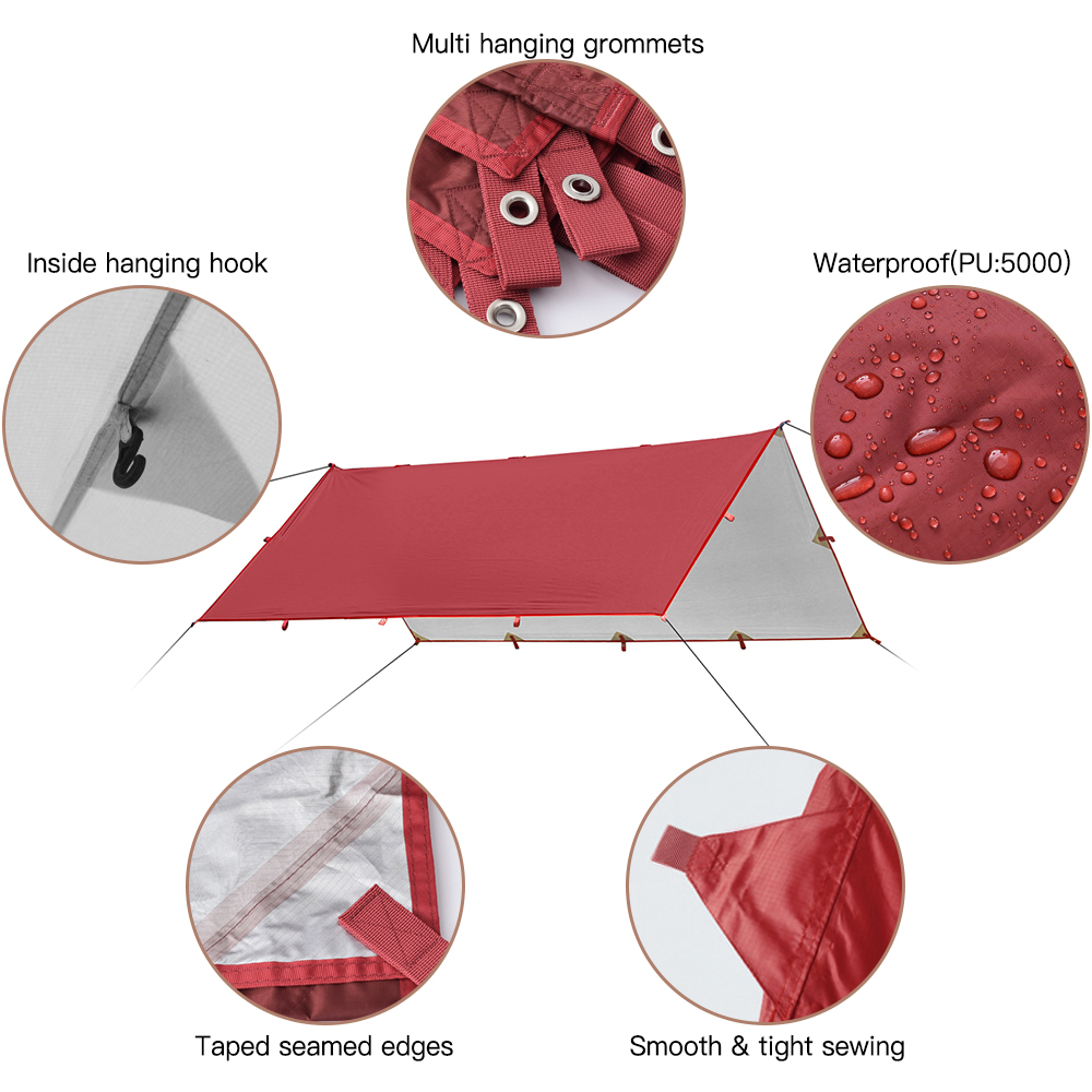 3.2x3m Ultralight 210T Silver Tarp Canopy Sunshade Outdoor Camping Hammock Rain Fly Beach Sun Shelter Waterproof PU5000 Tent
