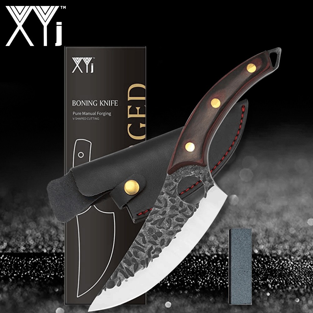 XYj 3pcs Serbian Chef Knife High Carbon Full Tang Cleaer Butcher Leather Cover Sheath Survival Camping Hiking Tools Gift Box