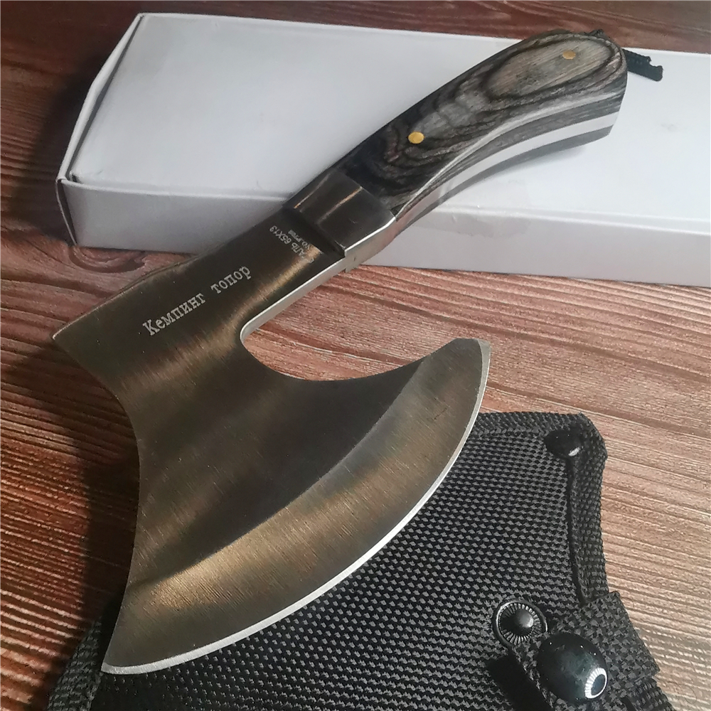 22CM Small Axe, 58HRC Thick Stainless Steel Axe, Non-slip Wooden Handle, Camping Battle Axe, Survival Tool