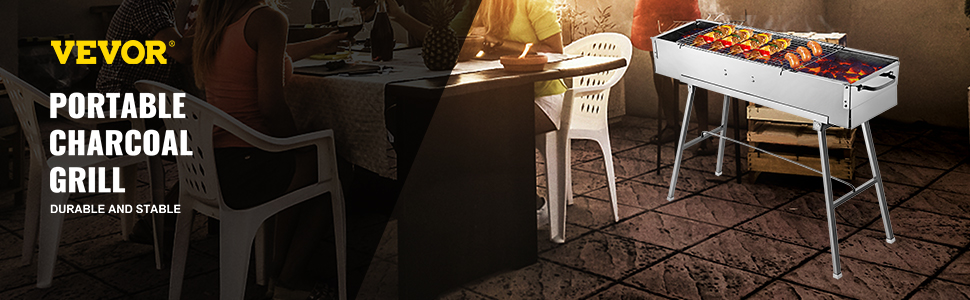 VEVOR 32-In Party Griller Stainless Steel Charcoal Grill W/ Adjustable Air Vents Easy to Carry BBQ Lamb Kebab Camping Outdoors