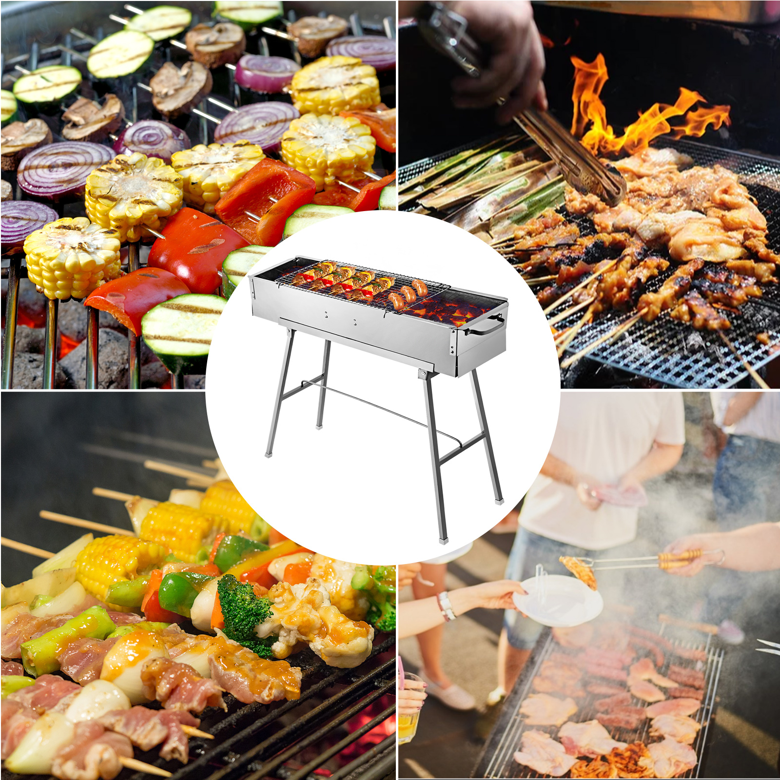 VEVOR 32-In Party Griller Stainless Steel Charcoal Grill W/ Adjustable Air Vents Easy to Carry BBQ Lamb Kebab Camping Outdoors