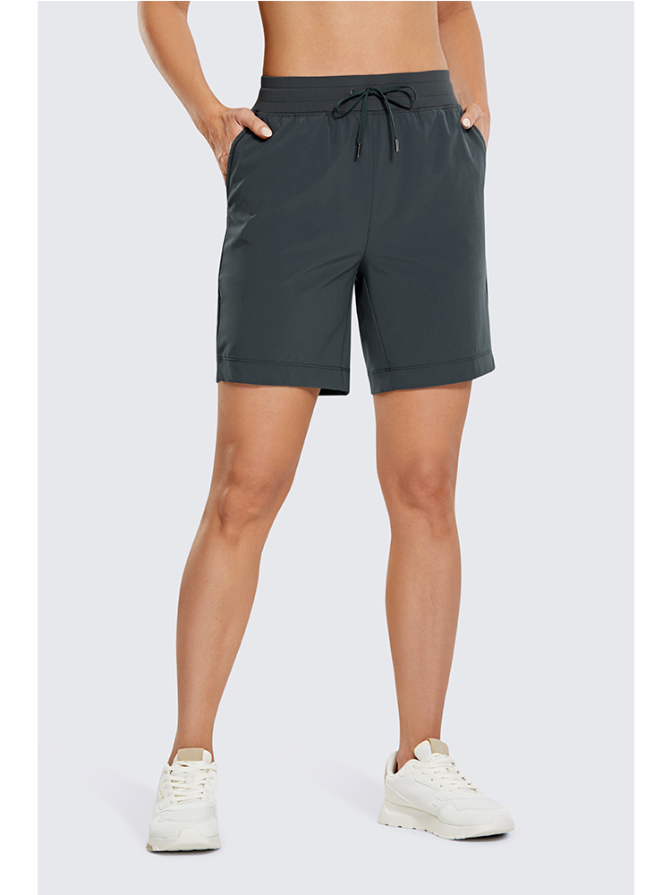 SYROKAN Women's Lightweight Athletic Bermuda Shorts Elastic Waist Workout Walking Shorts with Side Pockets 7 Inches