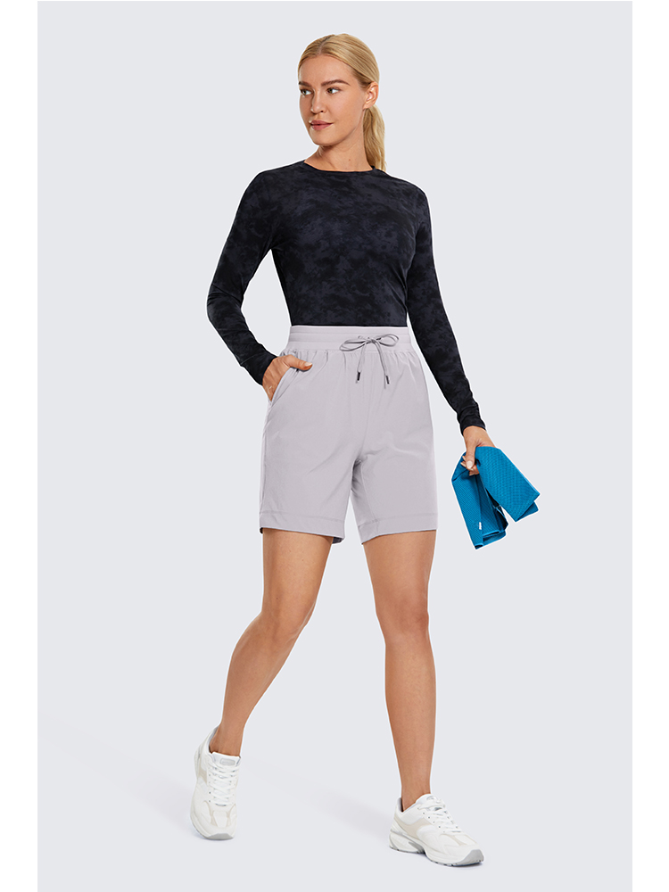 SYROKAN Women's Lightweight Athletic Bermuda Shorts Elastic Waist Workout Walking Shorts with Side Pockets 7 Inches