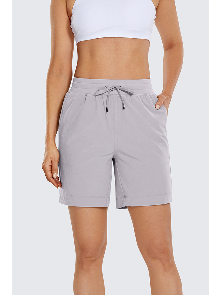 SYROKAN Women's Lightweight Athletic Bermuda Shorts Elastic Waist Workout Walking Shorts with Side Pockets 7 Inches