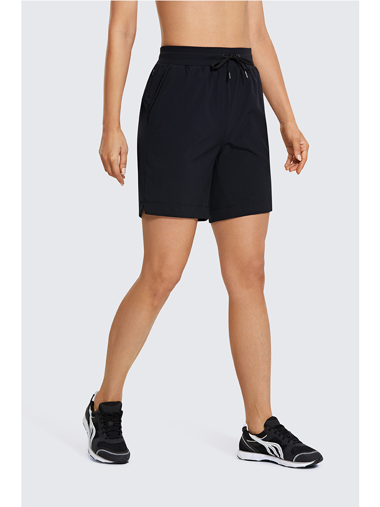 SYROKAN Women's Lightweight Athletic Bermuda Shorts Elastic Waist Workout Walking Shorts with Side Pockets 7 Inches