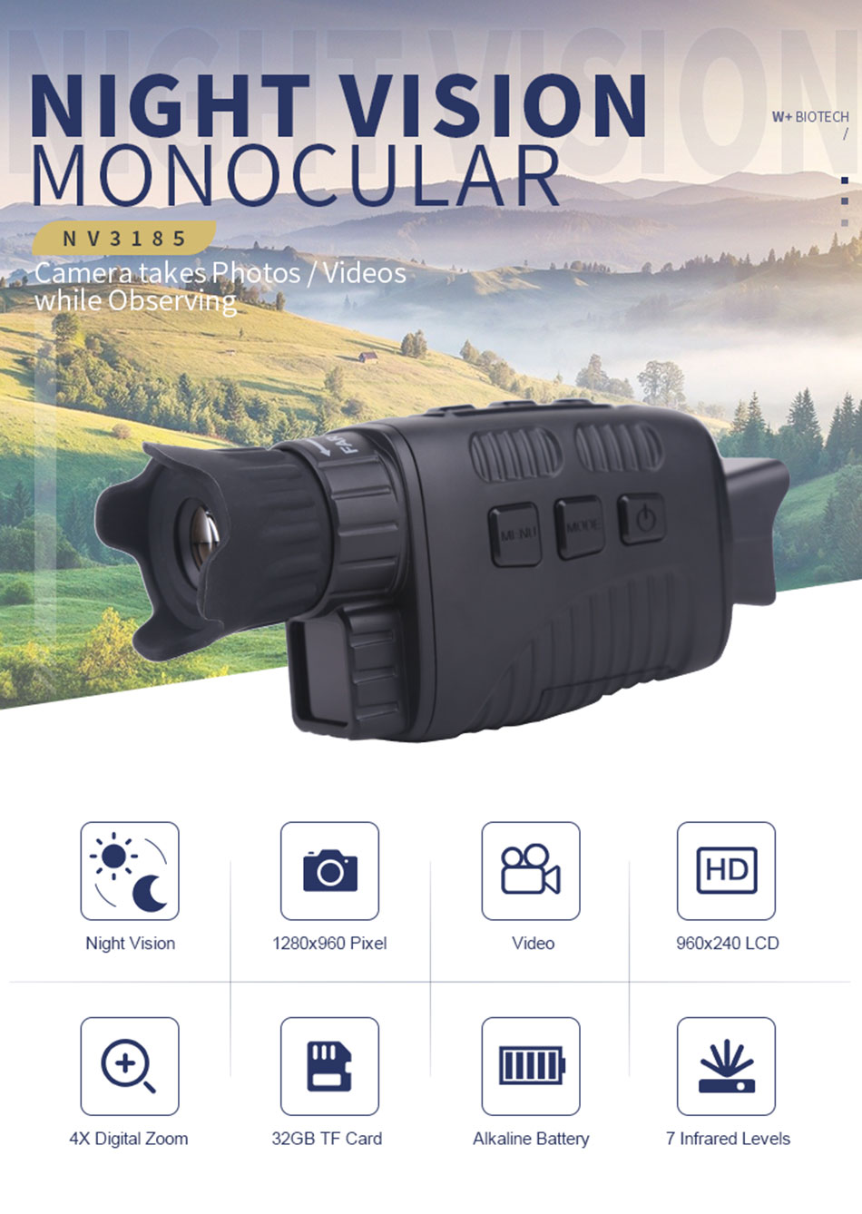 Night Vision Monocular NV3185 Infrared Digital Hunting Telescope Camping Equipment Hunt Animal Photography Video 300m Distance