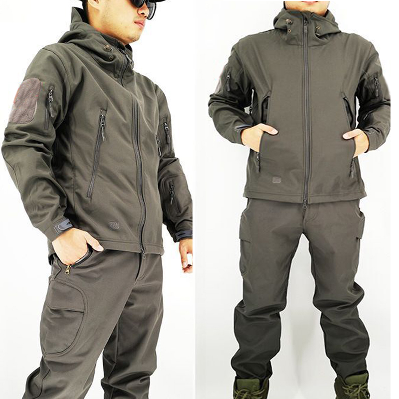 Military Shark Skin Soft Shell Jackets Men Tactical Windproof Waterproof Coat Army Combat Pants Hood Camp Fish Trekking Trousers