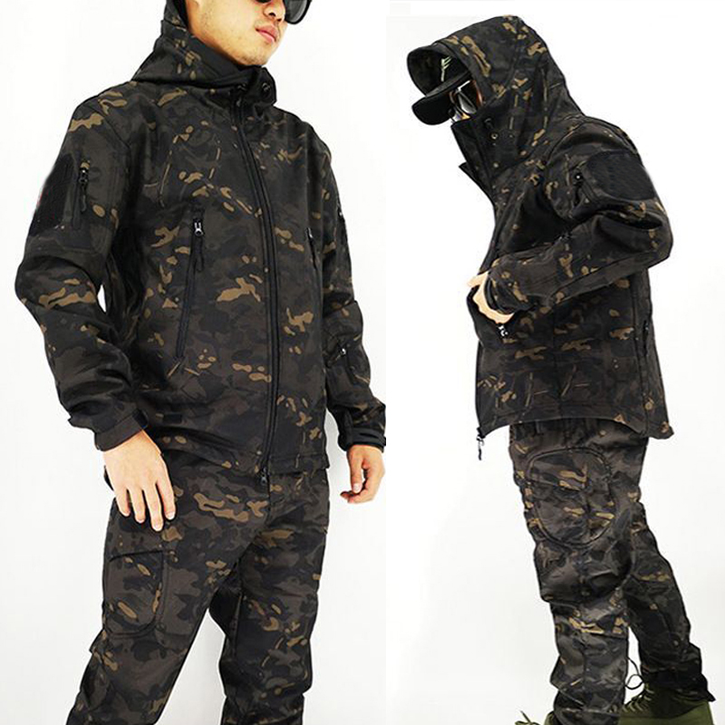 Military Shark Skin Soft Shell Jackets Men Tactical Windproof Waterproof Coat Army Combat Pants Hood Camp Fish Trekking Trousers