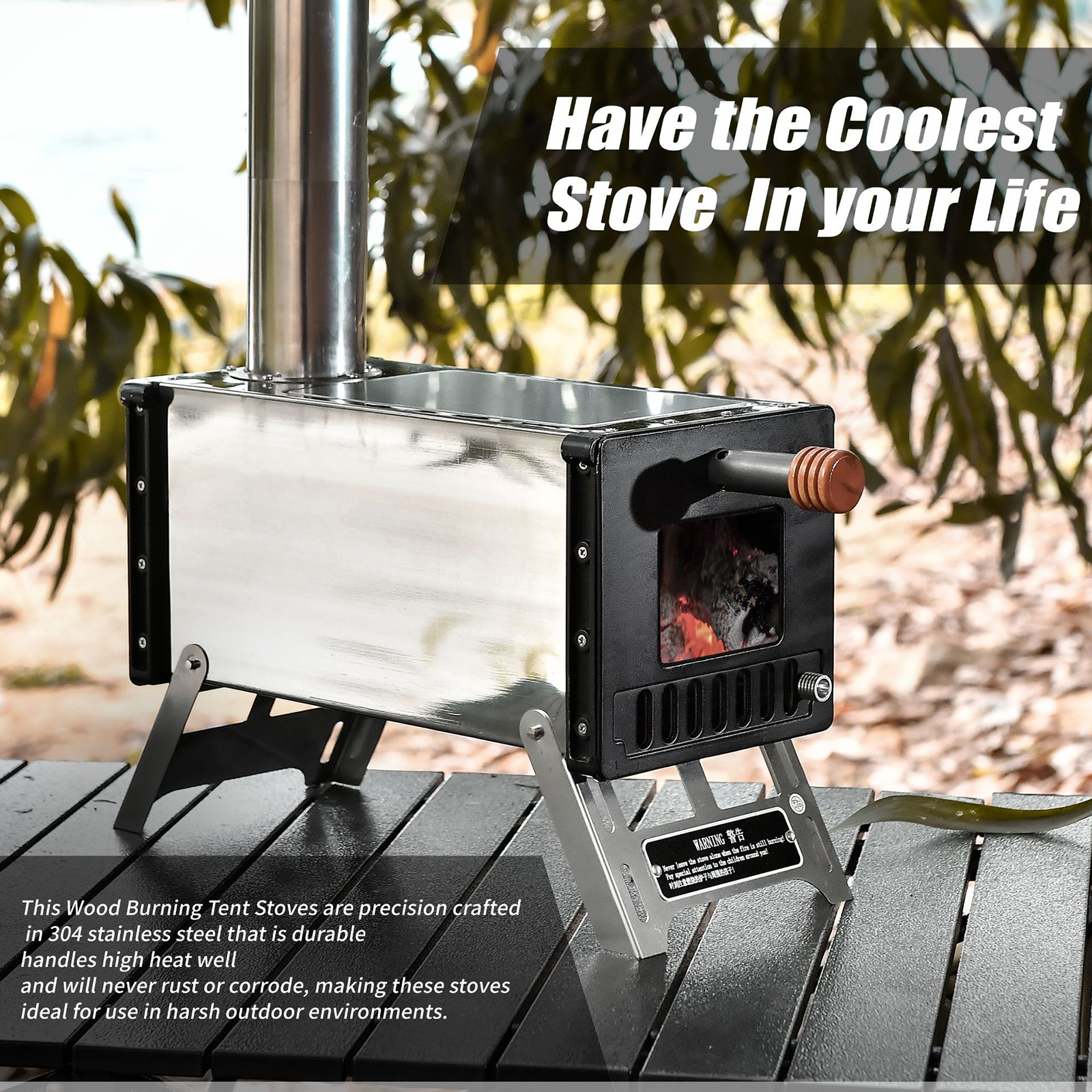 Stainless Steel Tent Wood Stove with Chimney Pipes Folding Portable Camping Wood Burning Stove for Camping Heating Cooking
