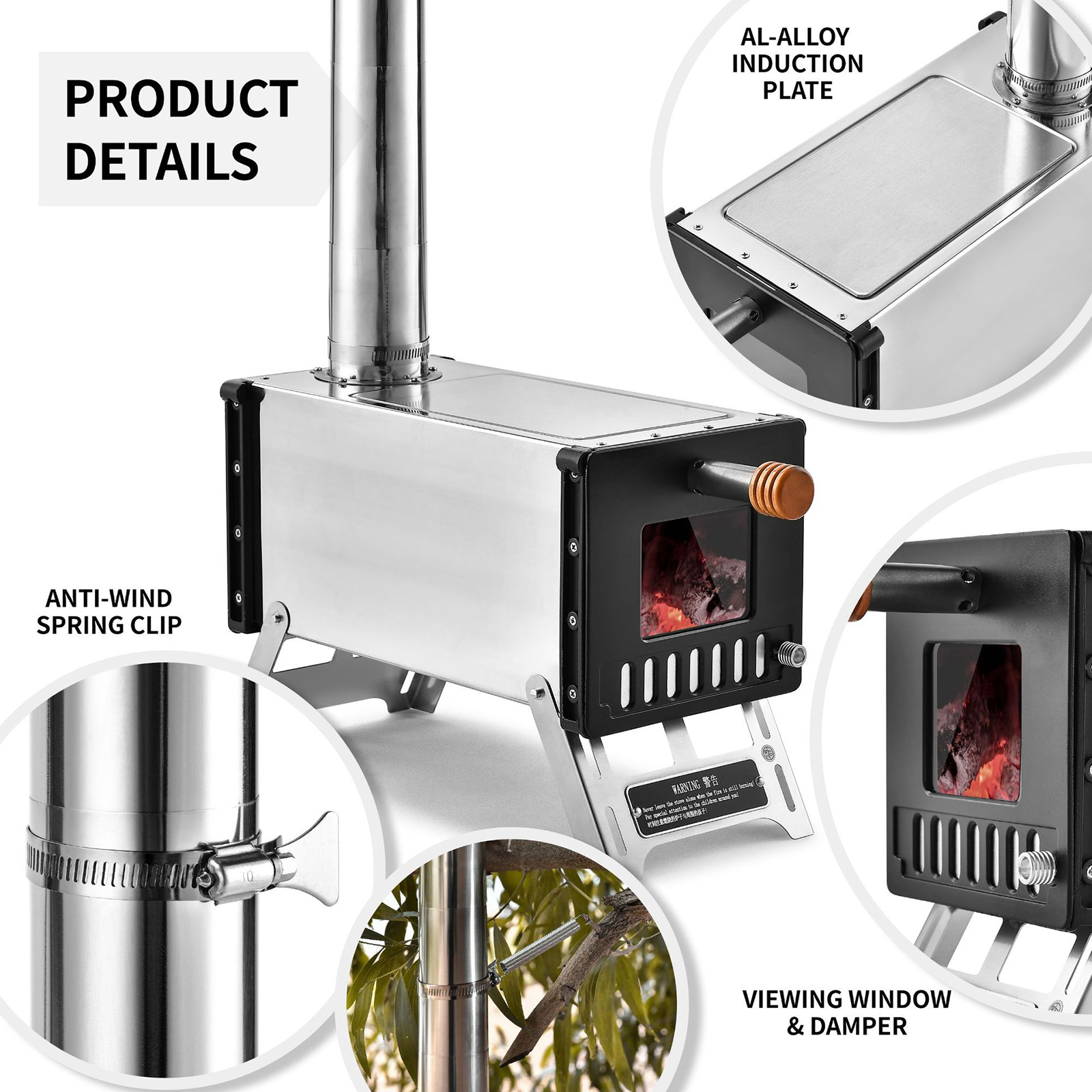 Stainless Steel Tent Wood Stove with Chimney Pipes Folding Portable Camping Wood Burning Stove for Camping Heating Cooking