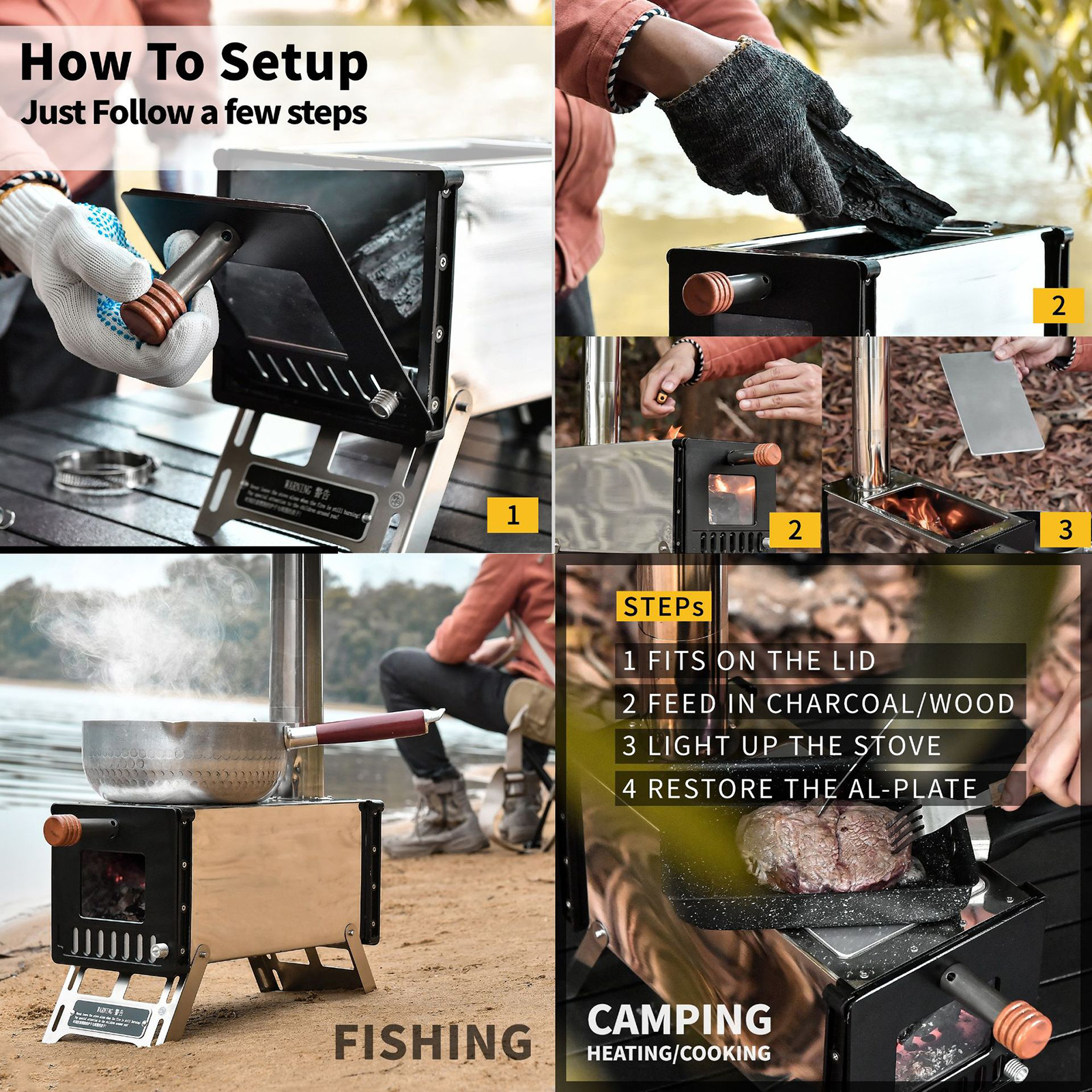 Stainless Steel Tent Wood Stove with Chimney Pipes Folding Portable Camping Wood Burning Stove for Camping Heating Cooking