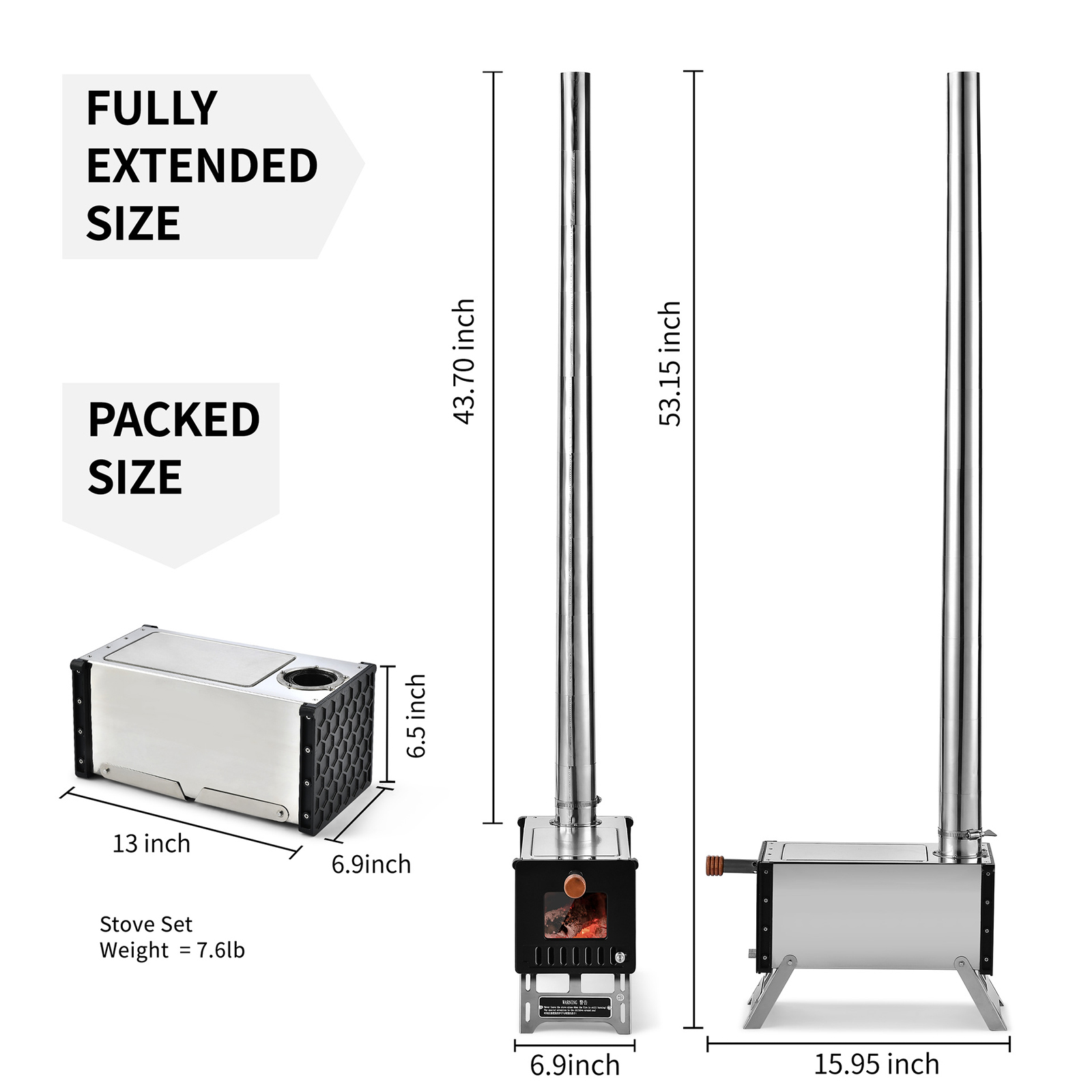 Stainless Steel Tent Wood Stove with Chimney Pipes Folding Portable Camping Wood Burning Stove for Camping Heating Cooking