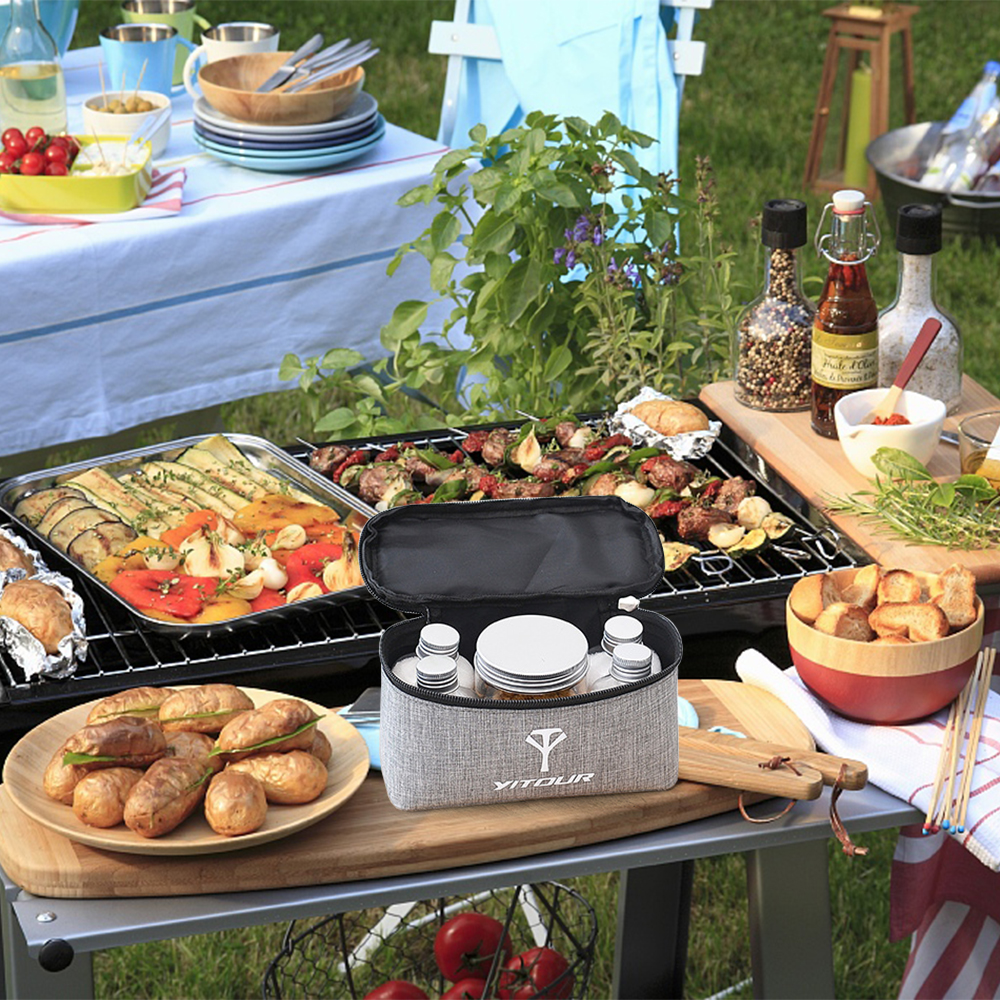 Camping Cookware Storage Bag with 6pcs Seasoning Cans Bottles Set Portable Outdoor Kitchen Barbecue Cruets Carry Bag Case