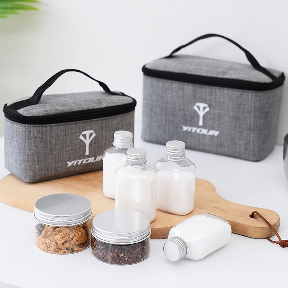 Camping Cookware Storage Bag with 6pcs Seasoning Cans Bottles Set Portable Outdoor Kitchen Barbecue Cruets Carry Bag Case