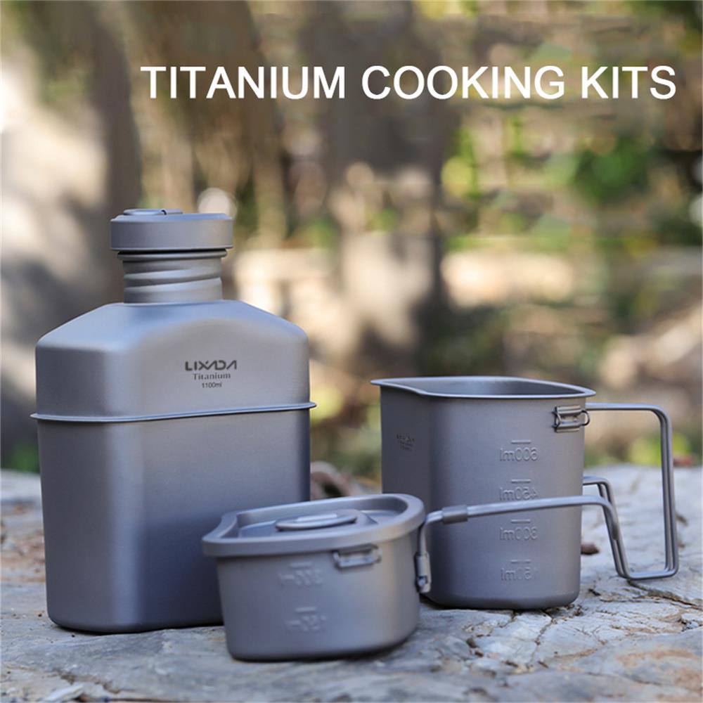 Lixada 2022 Titanium Water Bottle Outdoor Canteen Cups Set Ultralight Cooking Set Camping Cookware Dinnerware Drinking Kettle