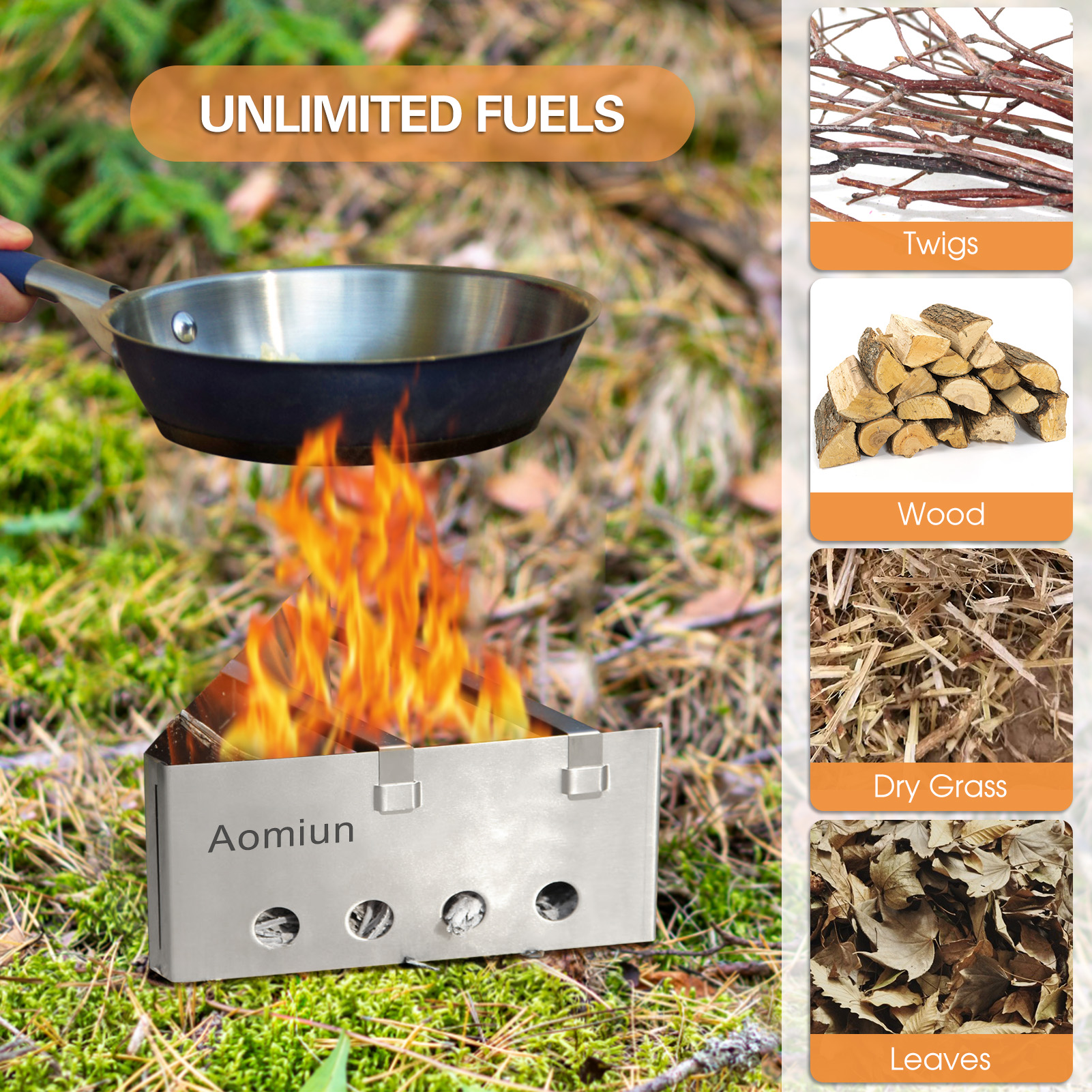 Aomiun Lightweight Triangle Wood Stove Portable Detachable Stainless Steel Burner for Outdoor Cooking Picnic Camping Backpacking