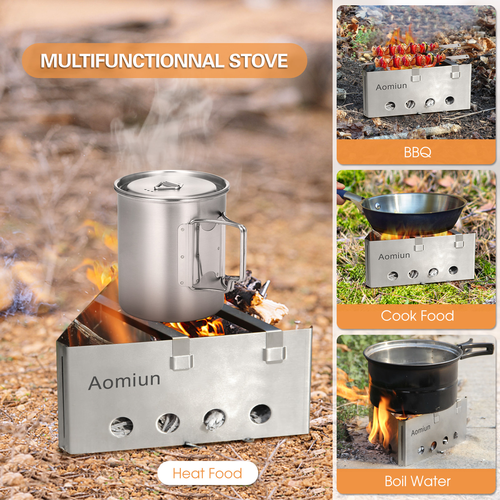 Aomiun Lightweight Triangle Wood Stove Portable Detachable Stainless Steel Burner for Outdoor Cooking Picnic Camping Backpacking