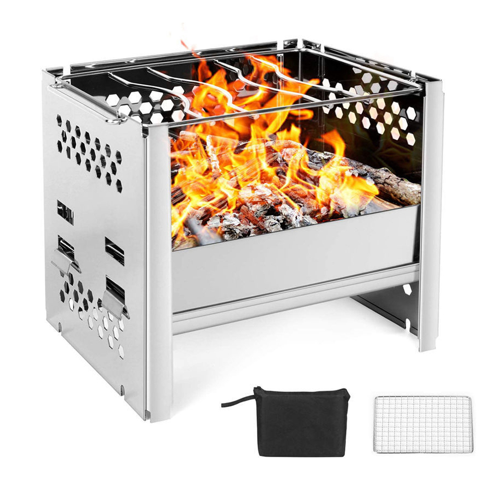 Stainless Steel Barbecue Folding Grill Outdoor Camping Firewood Stoves Stainless Steel Square Wood Stoves for Cooking Picnic