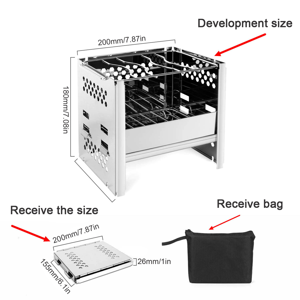 Stainless Steel Barbecue Folding Grill Outdoor Camping Firewood Stoves Stainless Steel Square Wood Stoves for Cooking Picnic