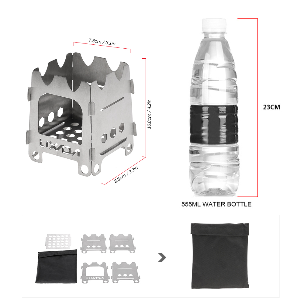 Lixada Folding Wood Stove Alcohol Stove Portable Outdoor Picnic Cook BBQ Burners Titanium Camping Stove Stainless Steel with Bag