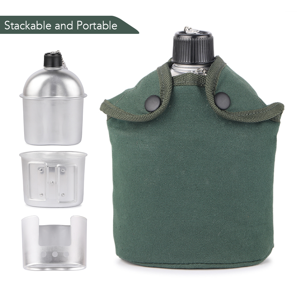 Lixada 4pcs Cookware Set Aluminum Military Canteen Cup Wood Stove Foldable Spork with Cover Bag for Camping Hiking Backpacking