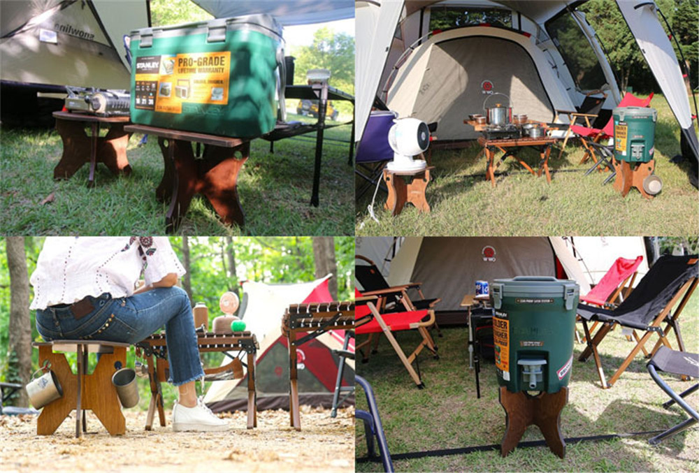 Outdoor Folding Bucket Shelf Multifunctional Wood High Load-Bearing Holes Camping Picnic Ice Bucket Rack Holder Mini Chair