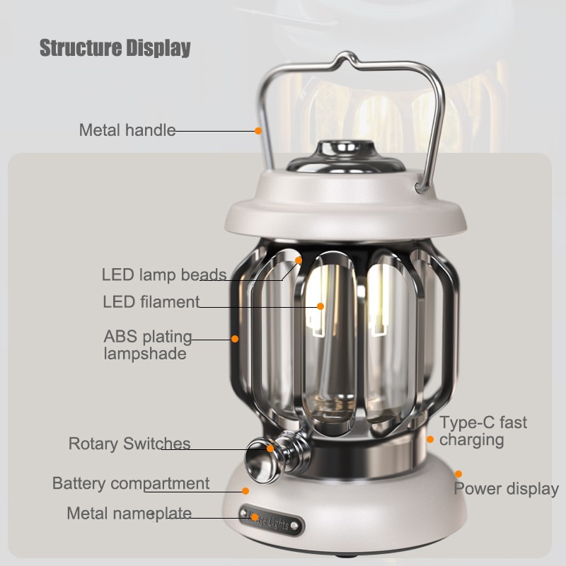 Retro Portable Garden Lantern 5000mAh Outdoor Kerosene Lamp 3 Lighting Modes Tent Camping Light for Hiking Climbing Yard