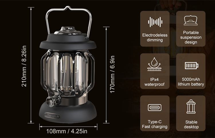 Retro Portable Garden Lantern 5000mAh Outdoor Kerosene Lamp 3 Lighting Modes Tent Camping Light for Hiking Climbing Yard