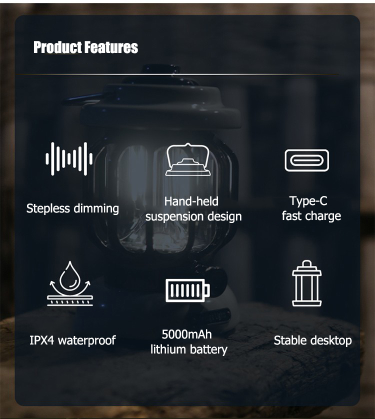 Retro Portable Garden Lantern 5000mAh Outdoor Kerosene Lamp 3 Lighting Modes Tent Camping Light for Hiking Climbing Yard