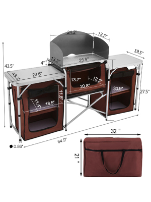 VEVOR Camping Outdoor Kitchen Table Cabinet Foldable Folding Cooking Storage Rack for BBQ Picnic X-Shaped Aluminum Alloy Bracket