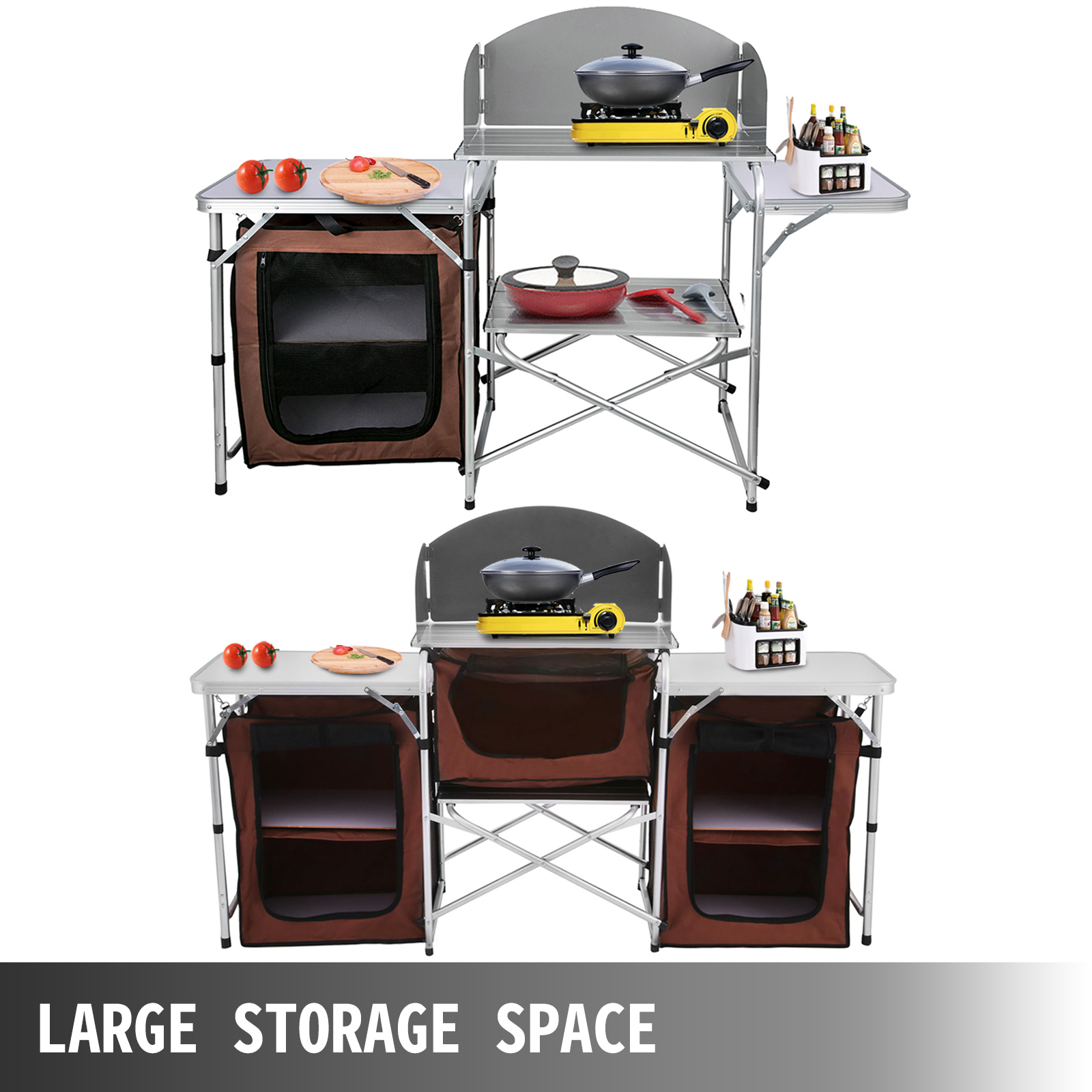 VEVOR Camping Outdoor Kitchen Table Cabinet Foldable Folding Cooking Storage Rack for BBQ Picnic X-Shaped Aluminum Alloy Bracket