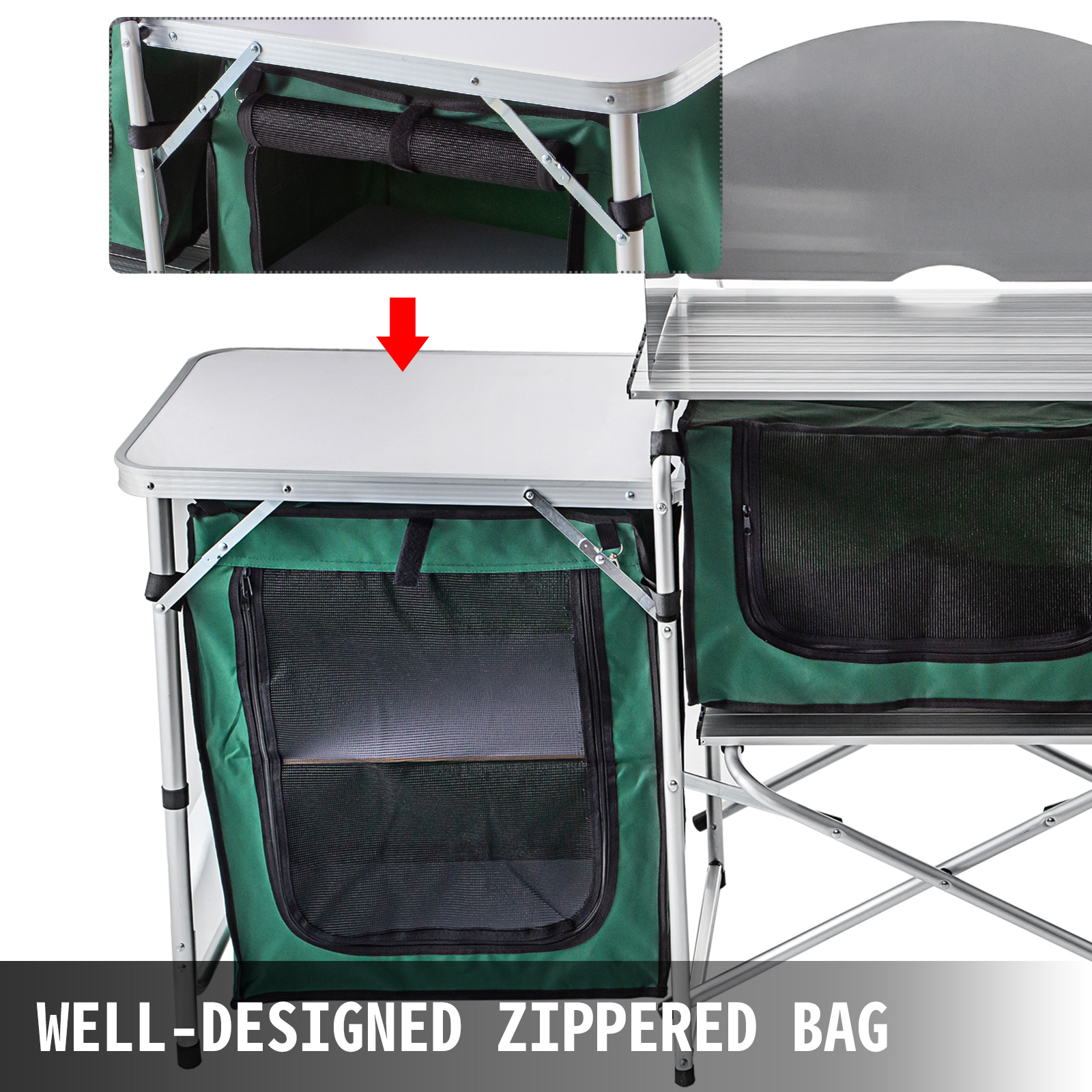 VEVOR Camping Outdoor Kitchen Table Cabinet Foldable Folding Cooking Storage Rack for BBQ Picnic X-Shaped Aluminum Alloy Bracket