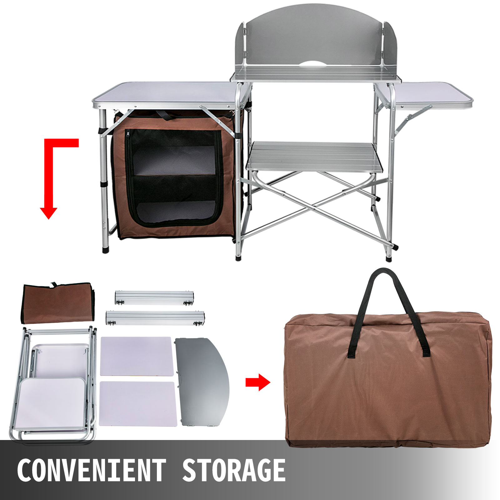 VEVOR Camping Outdoor Kitchen Table Cabinet Foldable Folding Cooking Storage Rack for BBQ Picnic X-Shaped Aluminum Alloy Bracket